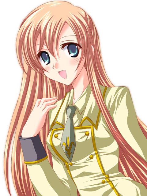 tamagawa yukimaru, shirley fenette, code geass, 00s, 1girl, blue eyes, blush, collarbone, female focus, long hair, long sleeves, looking at viewer, orange hair, school uniform, serafuku, simple background, sleeve cuffs, solo, very long hair, white background