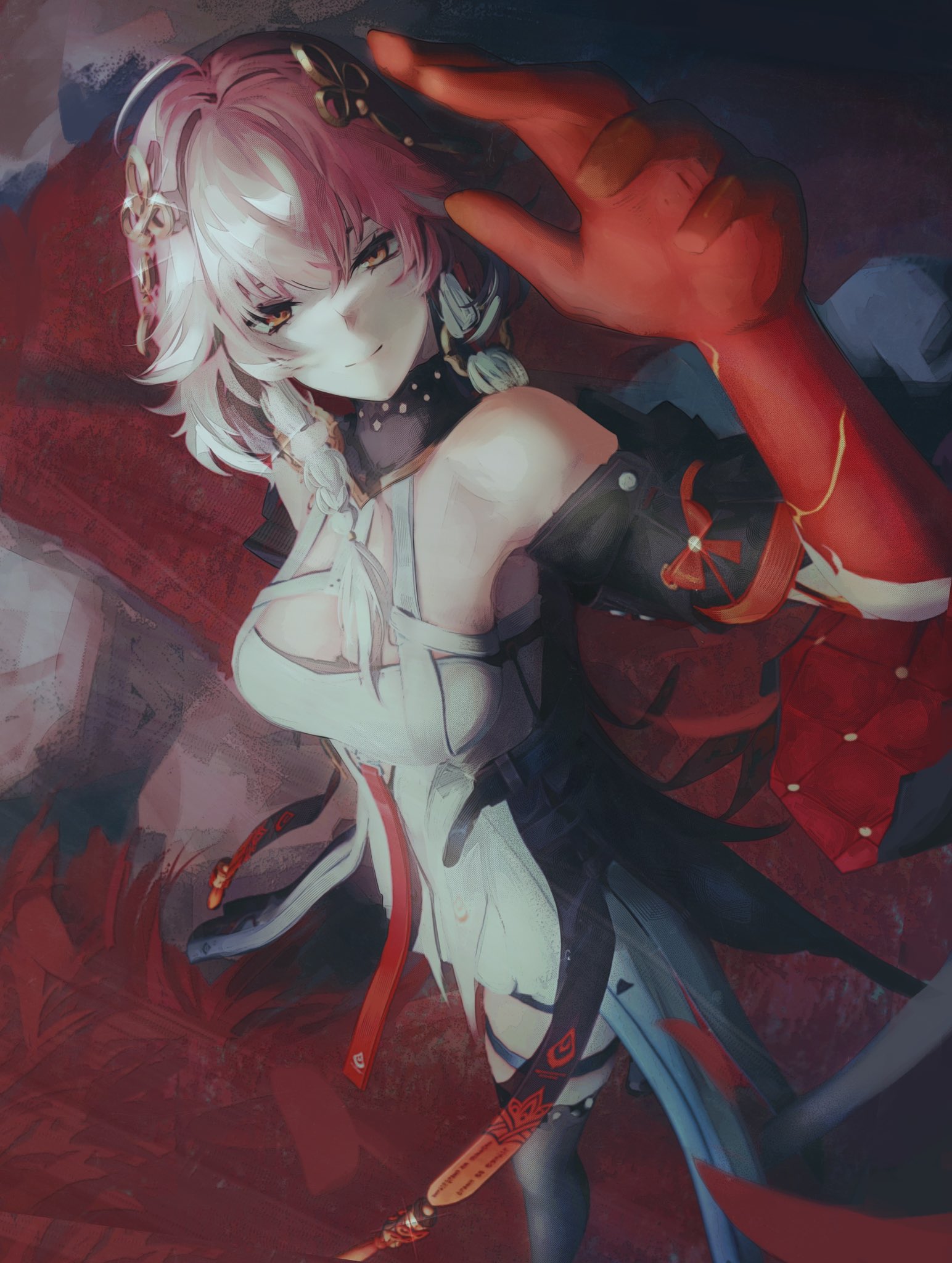 chika 232, changli (wuthering waves), wuthering waves, commentary, highres, 1girl, arm up, bare shoulders, black collar, black jacket, black thighhighs, braid, breasts, cleavage, closed mouth, collar, colored extremities, dress, hair extensions, hair ornament, jacket, looking at viewer, medium breasts, multicolored hair, orange eyes, pink hair, red hands, ring hair extensions, smile, solo, thigh strap, thighhighs, twin braids, two-tone hair, white dress, white hair