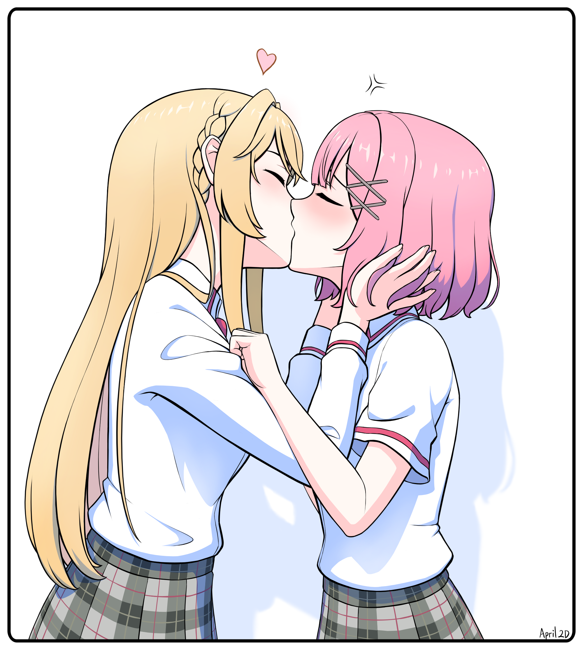 amaori renako, ouzuka mai, watashi ga koibito ni nareru wake naijan murimuri!, commentary, english commentary, highres, 2girls, anger vein, april 2d, blonde hair, blush, braid, closed eyes, grey skirt, hand in another's hair, heart, kiss, long hair, medium hair, multiple girls, pink hair, plaid clothes, plaid skirt, school uniform, shirt, short sleeves, side braid, skirt, white background, white shirt, yuri