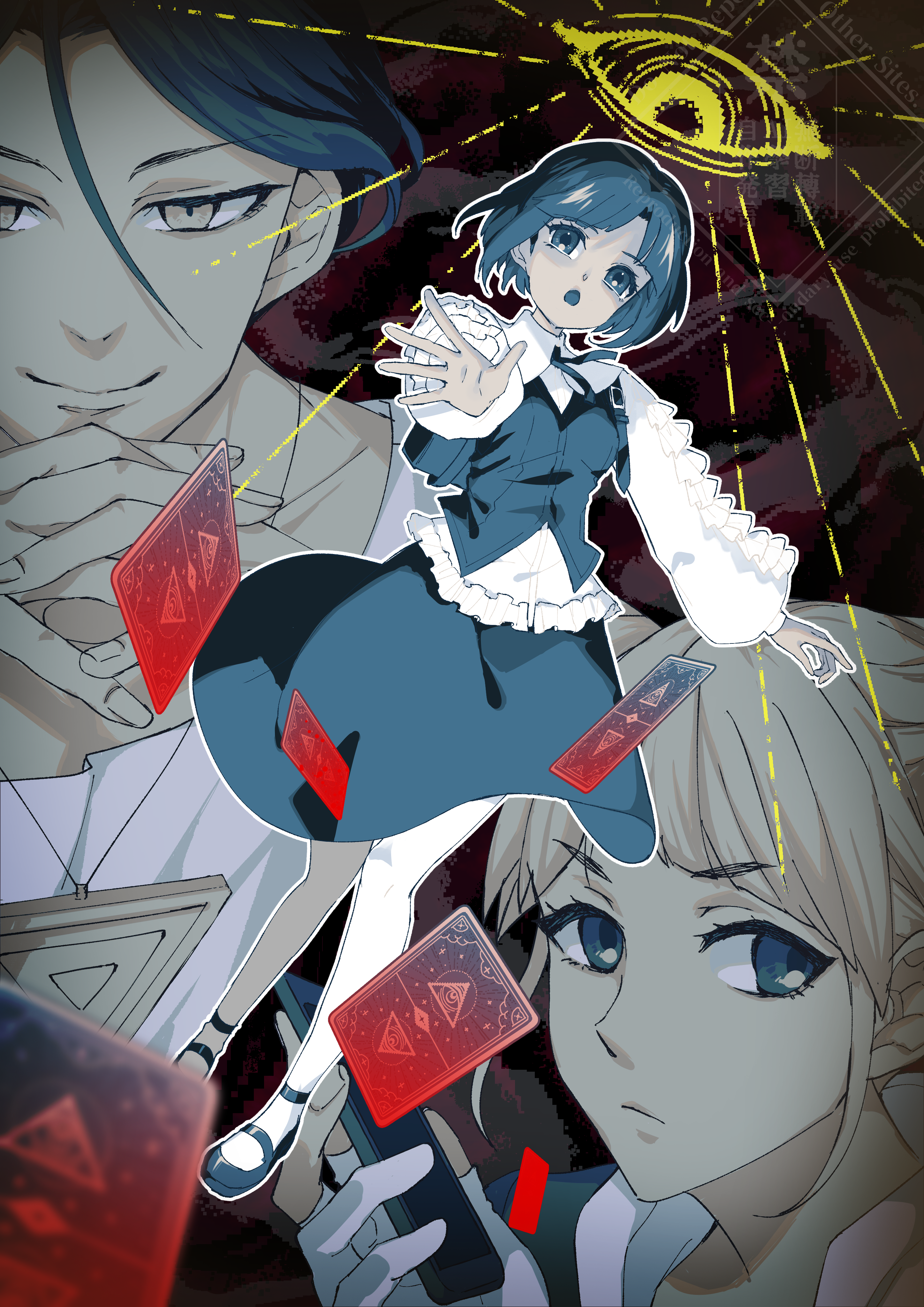 shin (xxshin), fukurai azami, jasmine (toshi densetsu kaitai center), meguriya ayumu, toshi densetsu kaitai center, absurdres, commentary request, highres, 1boy, 2girls, backpack, bag, blonde hair, blue eyes, blue hair, blue shoes, blue skirt, collared shirt, cone hair bun, double bun, eye symbol, floating card, frilled shirt, frilled sleeves, frills, full body, hair bun, hands up, holding, holding phone, interlocked fingers, limited palette, long sleeves, looking at viewer, multiple girls, open mouth, own hands together, pantyhose, phone, puffy long sleeves, puffy sleeves, reaching, reaching towards viewer, shirt, shoes, short hair, skirt, smile, standing, white pantyhose