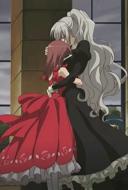 aoi nagisa, hanazono shizuma, tsukidate chiyo, strawberry panic!, silver hair, anime screenshot, 00s, 3girls, black dress, brown hair, dress, from side, hug, indoors, juliet sleeves, long hair, long sleeves, multiple girls, ponytail, profile, puffy sleeves, red dress, very long hair, wavy hair, window, yuri