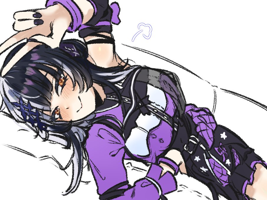 penguin stamp, shiori novella, hololive, hololive english, 1girl, black hair, black nails, blush, closed mouth, grey hair, idol clothes, long hair, looking at viewer, lying, multicolored hair, multicolored shirt, on back, purple shirt, shirt, smile, solo, split-color hair, two-tone hair, v, virtual youtuber, white shirt, yellow eyes