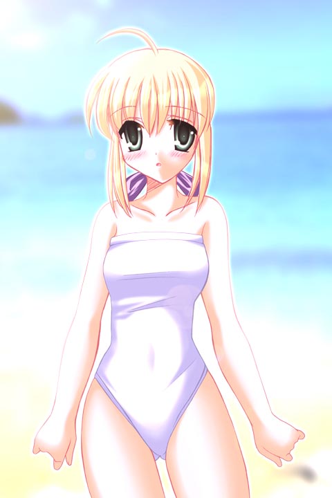 tamagawa yukimaru, artoria pendragon (fate), saber (fate), fate/stay night, fate (series), bad id, bad pixiv id, 00s, one-piece swimsuit, swimsuit