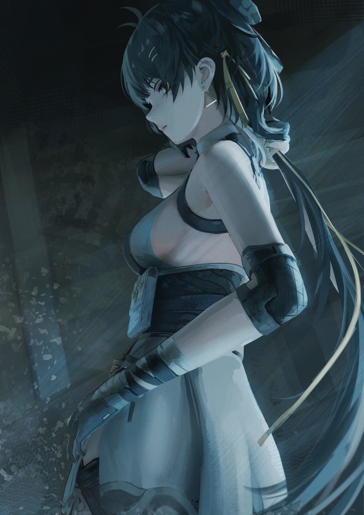 chika 232, female rover (wuthering waves), rover (wuthering waves), wuthering waves, commentary, highres, 1girl, bandaged arm, bandages, bare shoulders, black bow, black dress, black gloves, black hair, bow, closed mouth, cowboy shot, dress, earrings, elbow pads, from behind, gloves, hair bow, hair ornament, hair ribbon, hairclip, jewelry, long hair, looking afar, looking to the side, low ponytail, parallel hairclips, ponytail, ribbon, sleeveless, sleeveless dress, solo, triangle earrings, very long hair, yellow eyes, yellow ribbon