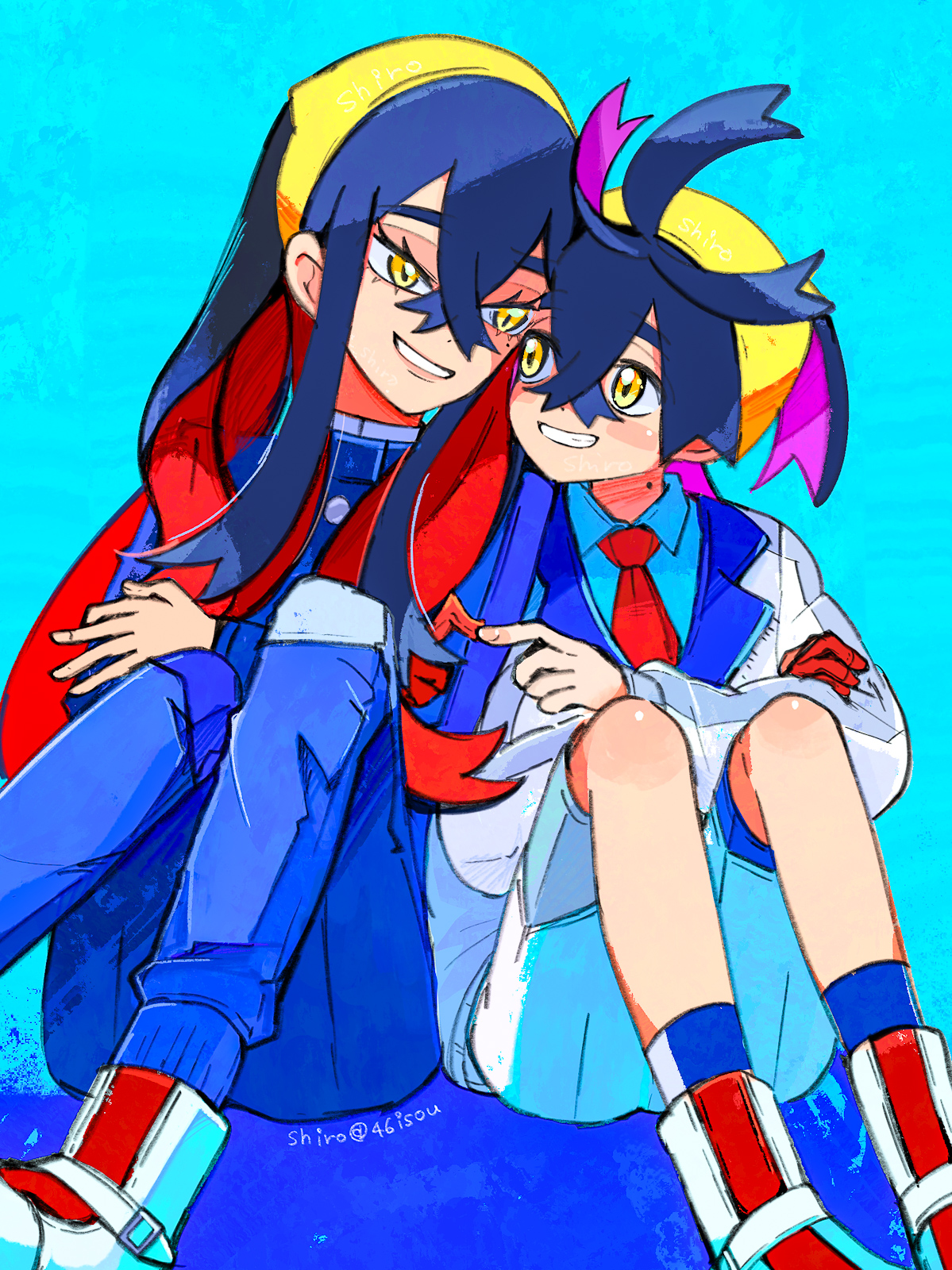 shiro (46isou), carmine (pokemon), kieran (pokemon), nintendo, pokemon, pokemon sv, highres, 1boy, 1girl, artist name, black hair, blue background, blue jacket, blue pants, blueberry academy school uniform, brother and sister, colored inner hair, crossed bangs, eyelashes, finger touching, gloves, hair between eyes, hairband, jacket, long hair, long sleeves, looking at another, mole, mole under eye, mole under mouth, multicolored hair, necktie, pants, purple hair, red gloves, red hair, red necktie, school uniform, short hair, shorts, siblings, single glove, sitting, smile, teeth, two-tone hair, white jacket, white shorts, yellow eyes, yellow hairband