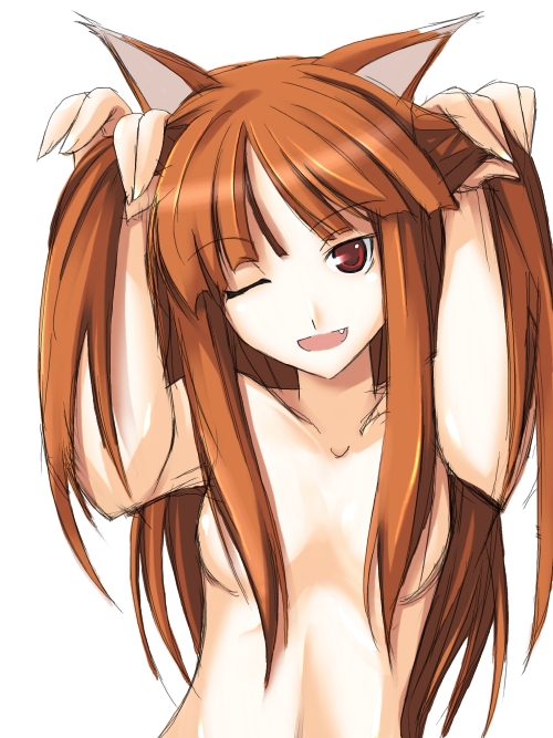 ribi, holo, spice and wolf, 00s, 1girl, animal ears, bad anatomy, bad hands, breasts, brown hair, bunching hair, censored, convenient censoring, fang, female focus, hair censor, hair over breasts, long hair, medium breasts, nude, one eye closed, poorly drawn, red eyes, simple background, solo, wink, wolf ears