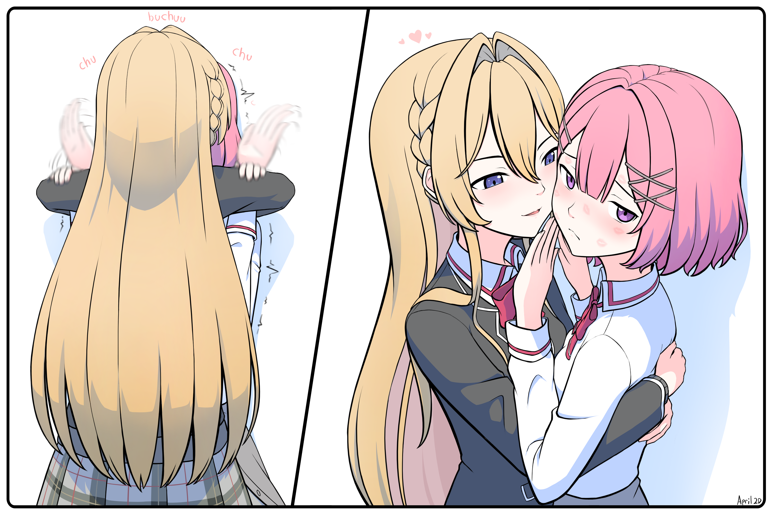 amaori renako, ouzuka mai, watashi ga koibito ni nareru wake naijan murimuri!, commentary, english commentary, highres, 2girls, after kiss, april 2d, black jacket, blazer, blonde hair, blue eyes, blush, bow, bowtie, collared shirt, embarrassed, hug, jacket, kiss, lipstick mark, lipstick mark on face, long hair, medium hair, multiple girls, parted lips, pink hair, purple eyes, red bow, red bowtie, school uniform, shirt, smile, white shirt, yuri