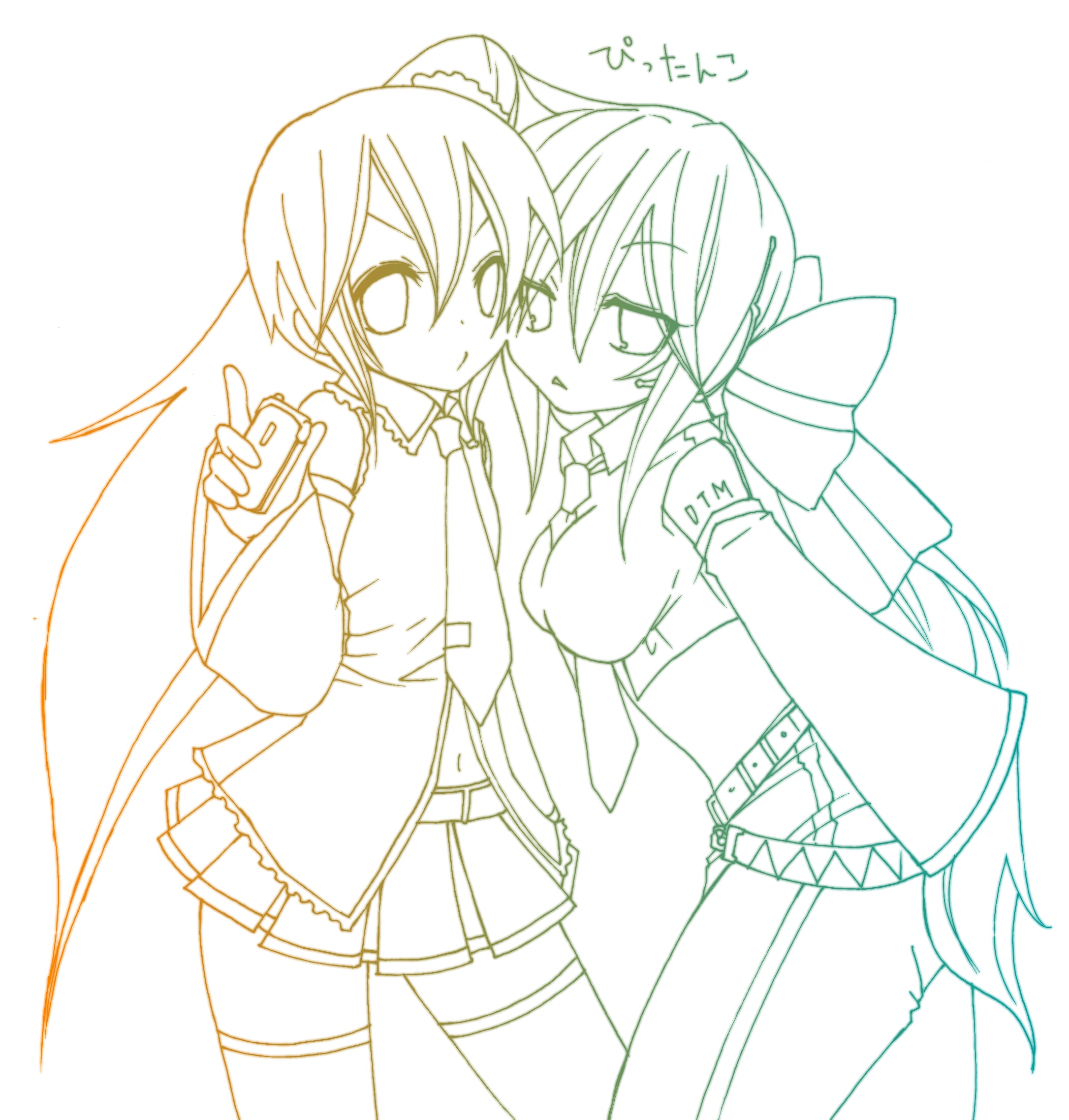 akita neru, yowane haku, vocaloid, highres, translated, 2girls, long hair, multiple girls, thighhighs, very long hair