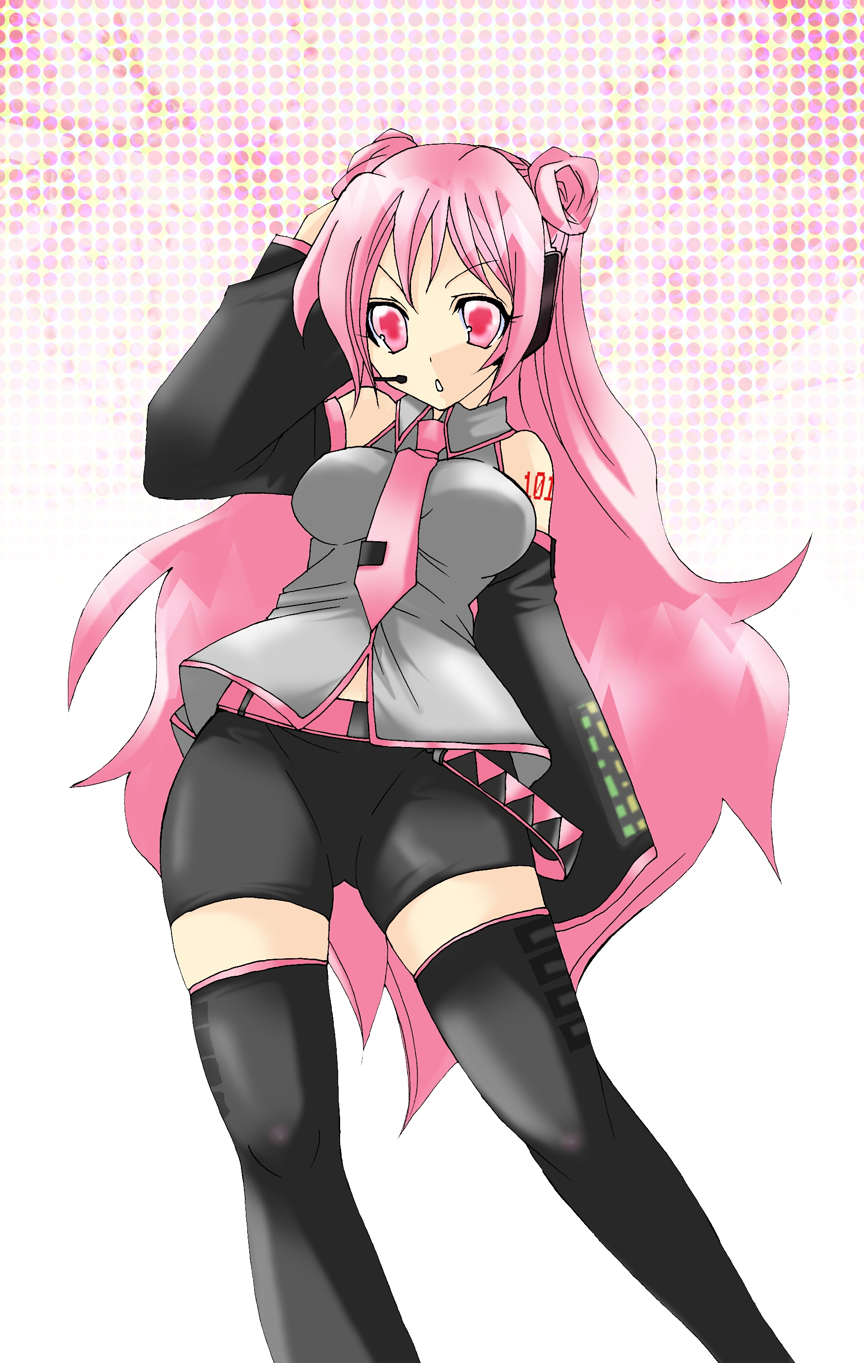 tonarine sai, vocaloid, absurdres, highres, headphones, pink eyes, pink hair, skin tight, solo, thighhighs