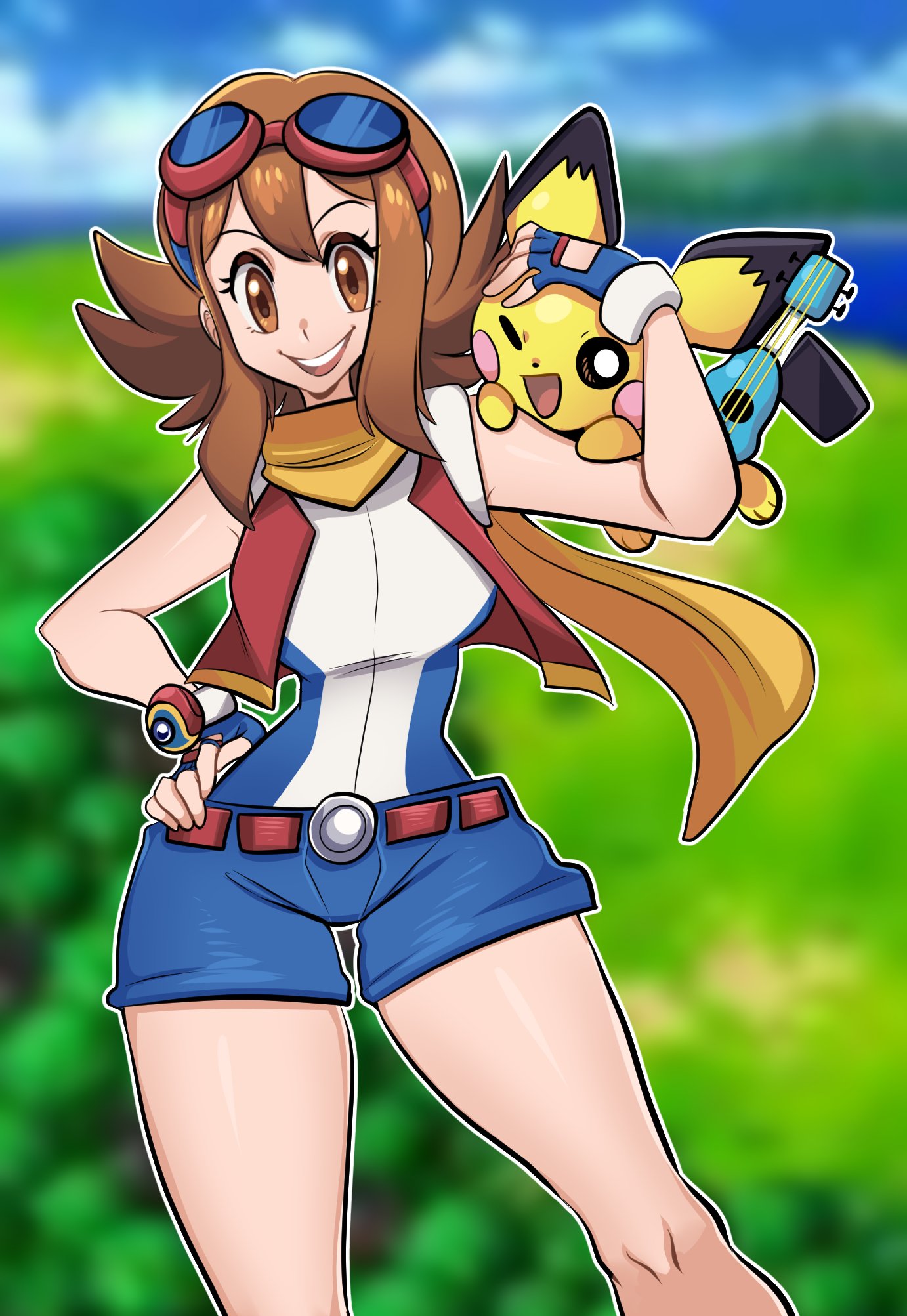 missandydandy, pichu, summer (pokemon), ukulele pichu, nintendo, pokemon, pokemon ranger: guardian signs, pokemon ranger (series), commentary, highres, symbol-only commentary, 1girl, :d, blue gloves, blue shorts, blurry, blurry background, brown eyes, brown hair, eyelashes, fingerless gloves, gen 2 pokemon, gloves, goggles, goggles on head, hand on own hip, instrument, looking at viewer, on shoulder, open mouth, outline, pokemon (creature), pokemon on shoulder, scarf, shirt, short shorts, shorts, sleeveless, sleeveless shirt, smile, teeth, ukulele, upper teeth only, white outline, yellow scarf
