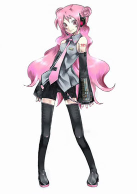 tonarine sai, vocaloid, lowres, tagme, headphones, pink eyes, pink hair, solo, thighhighs