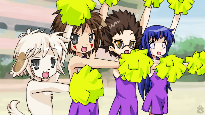 kiwiesrulexd, kiwisrulexd, aburame shino, akamaru (naruto), hyuuga hinata, inuzuka kiba, lucky star, motteke! serafuku, naruto (classic), naruto (series), 1girl, 2boys, cheerleader, fang, furry, multiple boys, parody