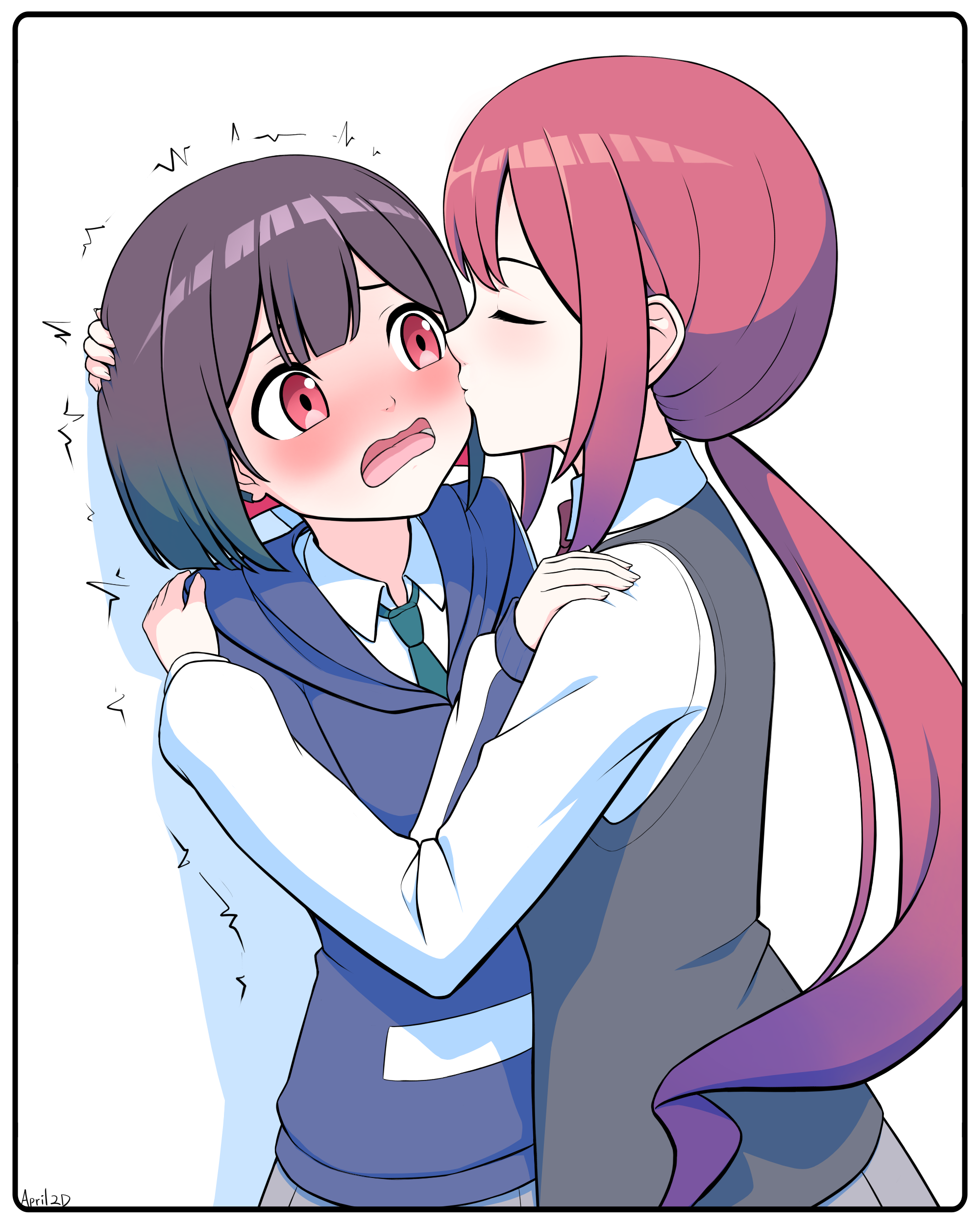 mizutori atori, yuutani yuu, bad girl (manga), absurdres, commentary, highres, 2girls, april 2d, black hair, black vest, blue jacket, closed eyes, collared shirt, colored inner hair, gradient hair, green necktie, hand on another's head, hand on another's shoulder, jacket, kiss, kissing cheek, long hair, multicolored hair, multiple girls, necktie, ponytail, purple hair, red hair, school uniform, shadow, shirt, short hair, simple background, trembling, vest, white background, white shirt, yuri