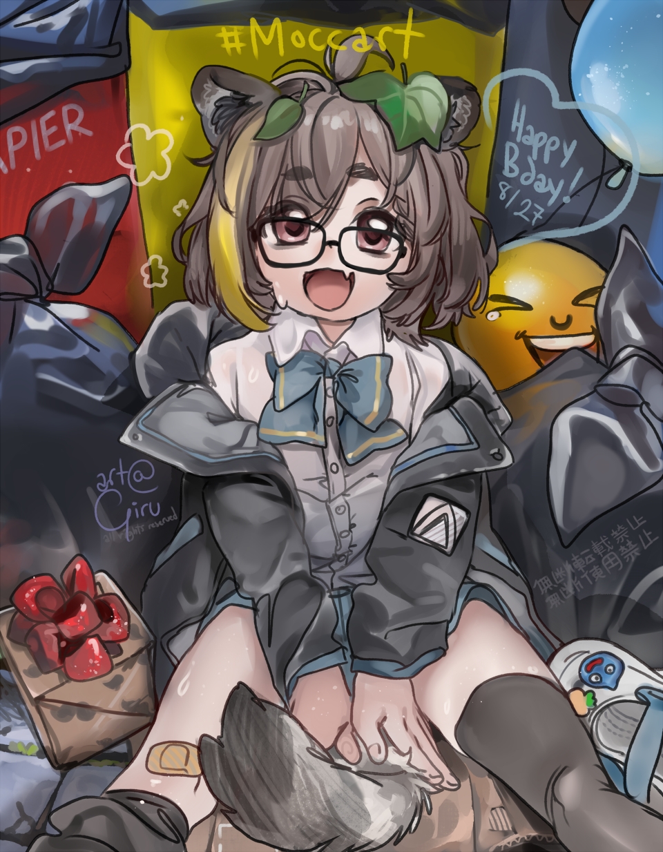 girutea, mocca liebeskind, indie virtual youtuber, highres, 1boy, ahoge, balloon, blonde hair, blonde streaks, brown eyes, brown hair, fang, gift, happy birthday, jacket, long sleeves, male focus, multicolored hair, on floor, open mouth, short hair, skin fang, streaked hair, thighhighs, trap, trash, trash bag, trash can, virtual youtuber