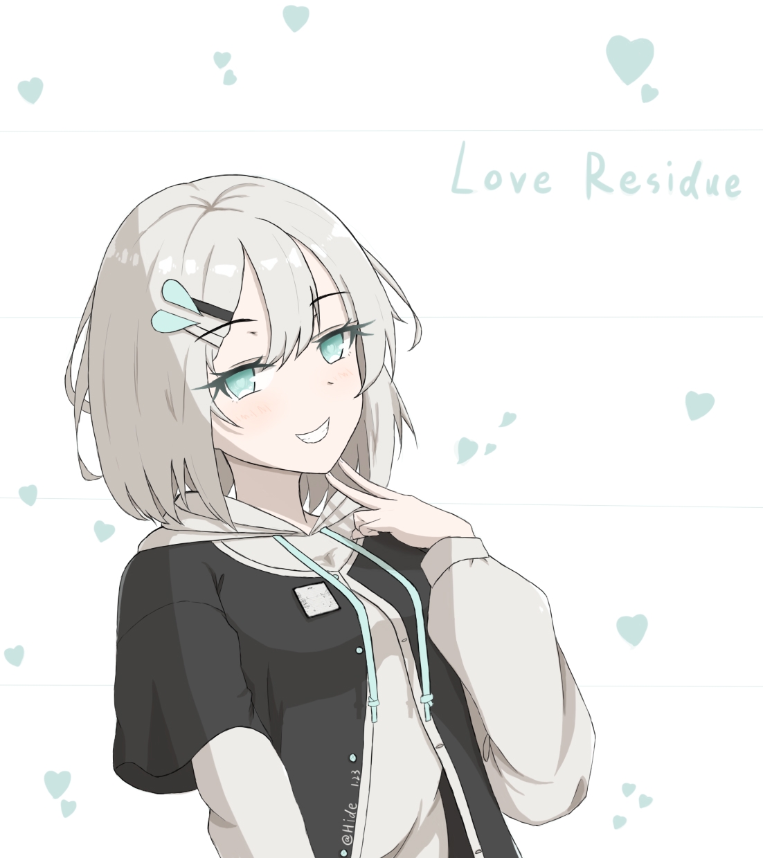 hide21find57, original, highres, 1girl, black jacket, blue eyes, drawstring, grey hair, grey hoodie, grin, hand up, heart, hood, hood down, hoodie, jacket, layered sleeves, long sleeves, looking at viewer, personification, puffy long sleeves, puffy sleeves, short over long sleeves, short sleeves, simple background, smile, solo, upper body, white background, wide sleeves