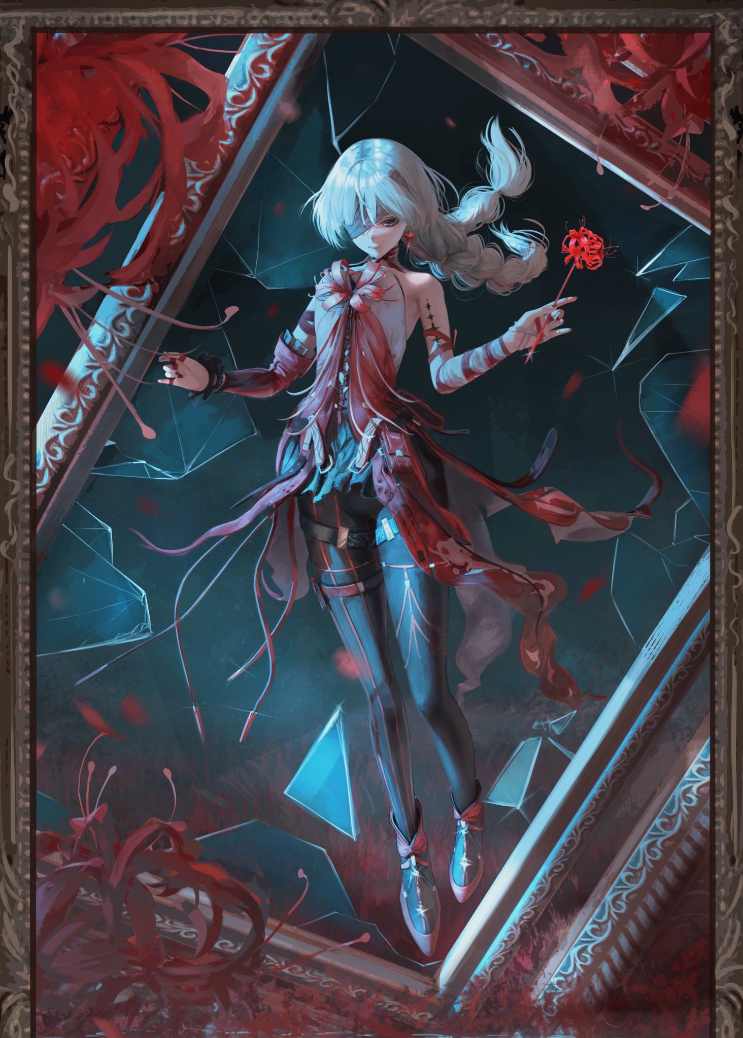 chika 232, phrolova (wuthering waves), wuthering waves, highres, 1girl, bandage over one eye, bandaged arm, bandages, bare shoulders, black pantyhose, black skirt, braid, closed mouth, detached sleeves, dress, earrings, flower, glass shards, grey hair, holding, holding flower, jewelry, long hair, low twin braids, pantyhose, red dress, red shoes, shoes, single detached sleeve, skirt, solo, spider lily, tacet mark (wuthering waves), twin braids