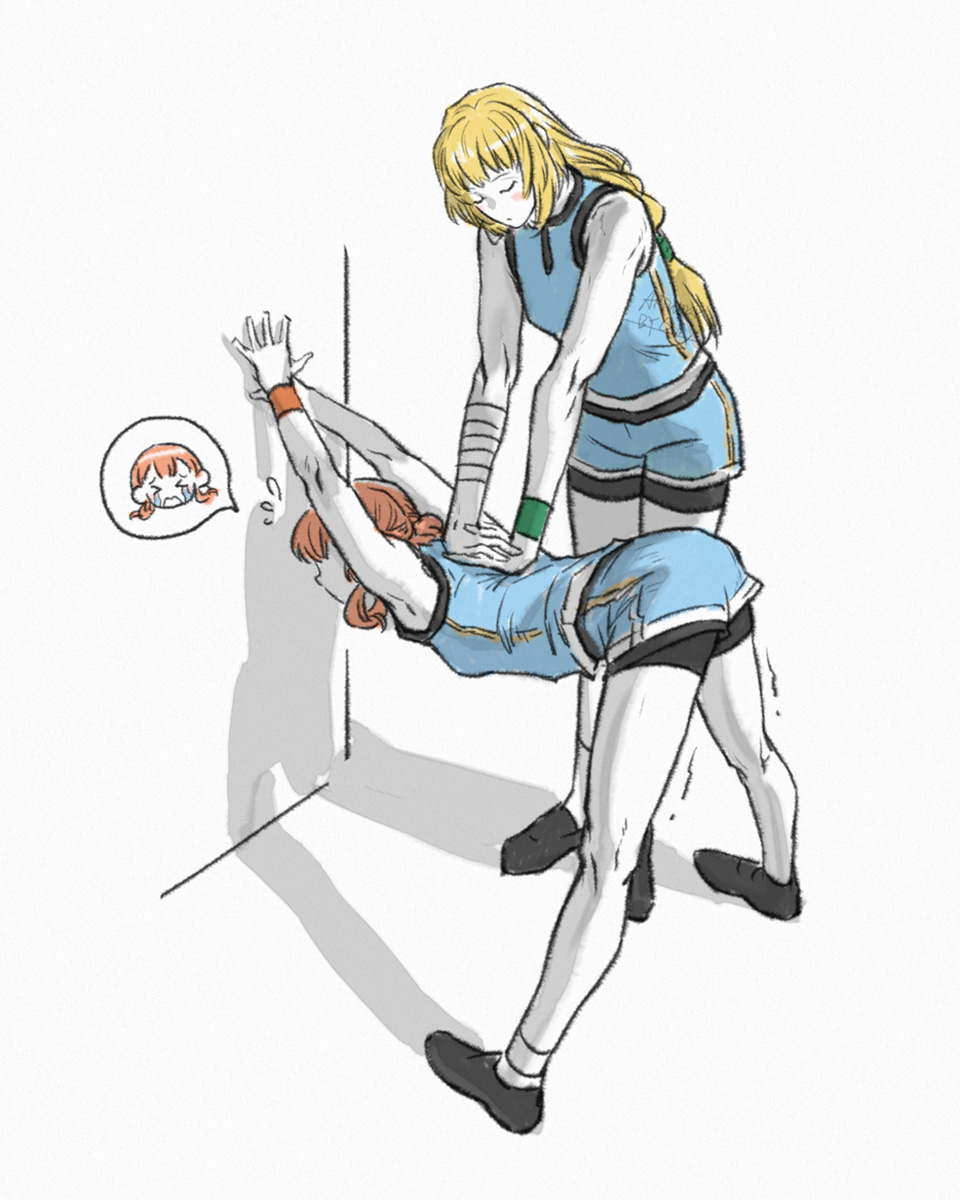 qiqi llin, annette fantine dominic, ingrid brandl galatea, fire emblem, fire emblem: three houses, nintendo, highres, > <, 2girls, alternate costume, black shorts, blonde hair, blue shirt, blue shorts, blush, breasts, closed eyes, closed mouth, crying, gym uniform, hair rings, kneepits, long hair, looking at viewer, multiple girls, orange hair, shirt, shoes, shorts, shorts under shorts, simple background, sleeveless, speech bubble, stretching, tears, thought bubble, white background, wristband