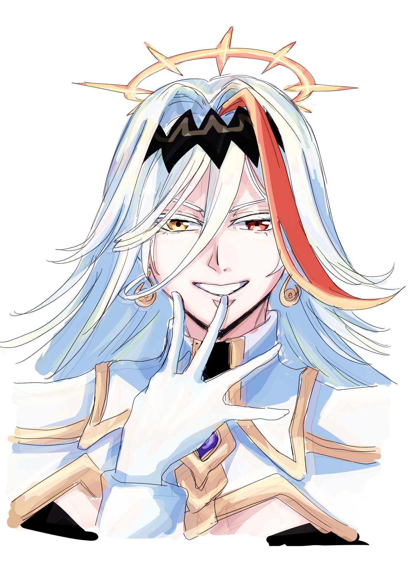 sturm fe k11, baldr (fire emblem heroes), fire emblem, fire emblem heroes, nintendo, highres, 1girl, black hairband, earrings, gloves, hair between eyes, hairband, halo, heterochromia, jewelry, long bangs, long hair, looking at viewer, multicolored hair, red eyes, red hair, smile, solo, two-tone hair, upper body, white background, white gloves, white hair, yellow eyes