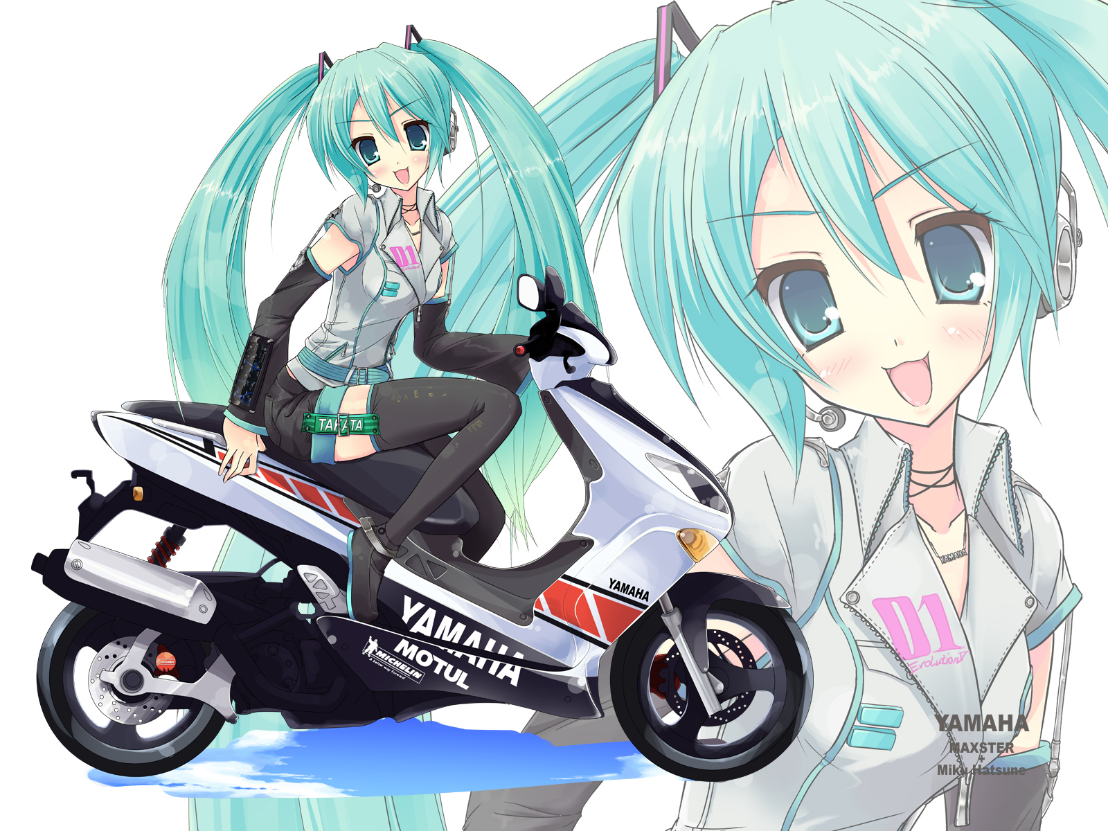 ayase hikaru, hatsune miku, michelin man, michelin, vocaloid, yamaha, vehicle, highres, 1girl, aqua hair, female focus, long hair, motor vehicle, motorcycle, solo, twintails, very long hair