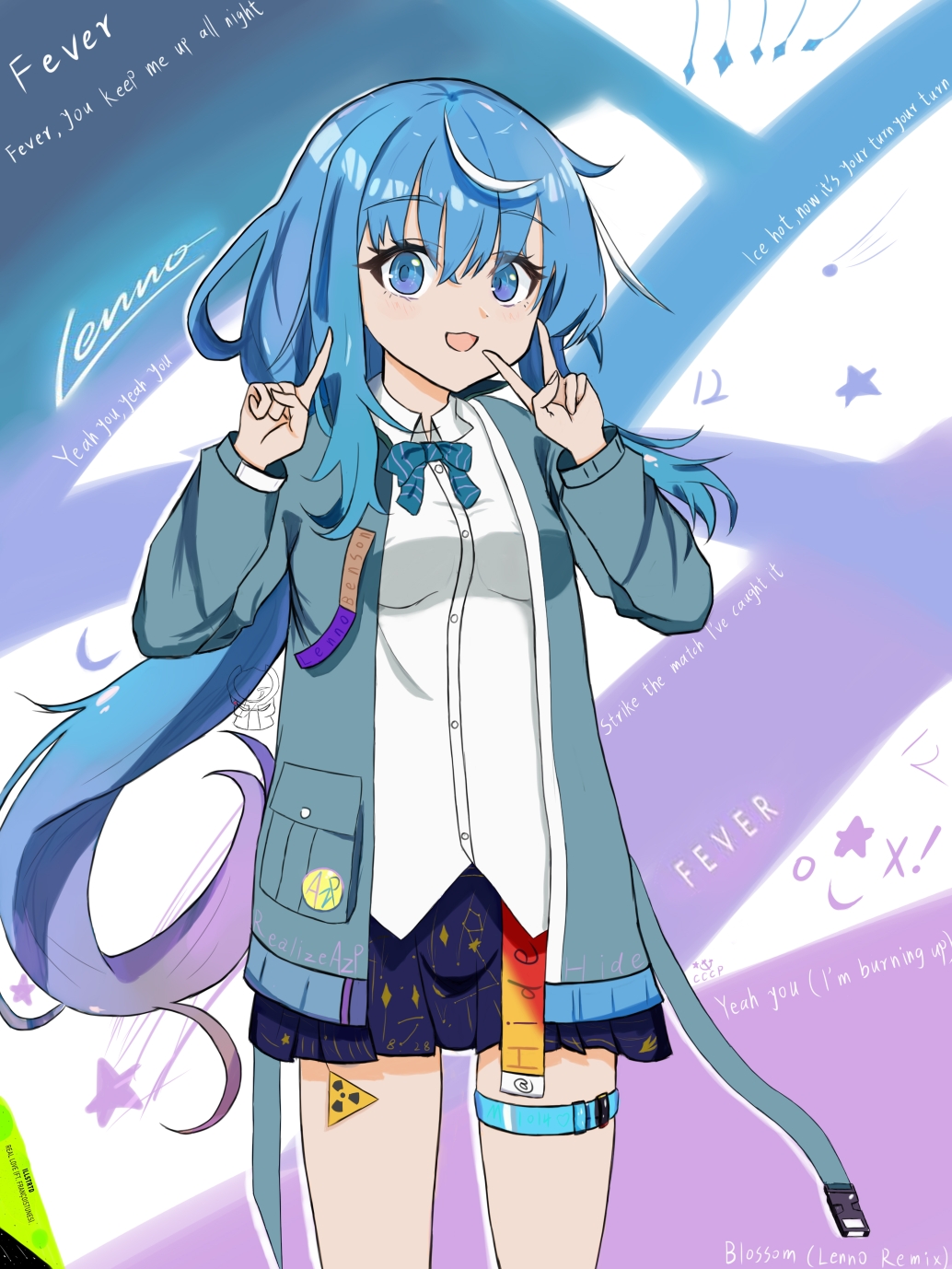hide21find57, original, commentary request, highres, 1girl, :d, blue bow, blue eyes, blue hair, blue jacket, blue skirt, blush, bow, breasts, collared shirt, dress shirt, english text, gradient hair, hair between eyes, hands up, jacket, long hair, long sleeves, lyrics, multicolored hair, open clothes, open jacket, open mouth, personification, pink hair, pleated skirt, puffy long sleeves, puffy sleeves, shirt, skirt, small breasts, smile, solo, standing, star (symbol), streaked hair, v, very long hair, white hair, white shirt