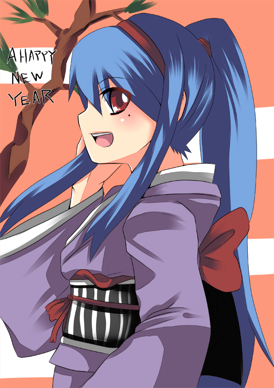 johnny funamushi, anastasia valeria, wild arms, wild arms 2, bad id, bad pixiv id, 1girl, alternate costume, alternate hairstyle, blue hair, blush, breasts, english text, female focus, hair ornament, hair tie, hair up, hairband, hand up, happy, high ponytail, japanese clothes, kimono, long hair, long sleeves, looking at viewer, mole, mole under eye, new year, obi, open mouth, orange background, ponytail, purple kimono, red eyes, red hairband, sash, smile, solo, teeth, tongue, tree, upper body, wide sleeves