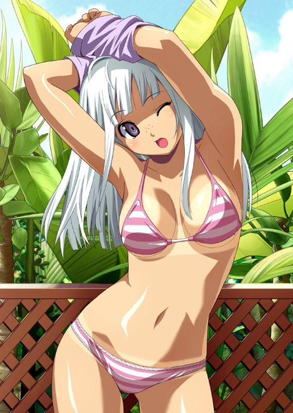 koutaro, original, duplicate, 1girl, armpits, bikini, bikini tan, day, female focus, freckles, grey hair, long hair, navel, one eye closed, open mouth, pink bikini, solo, striped bikini, striped clothes, swimsuit, tan, tanline, undressing, white hair, wink