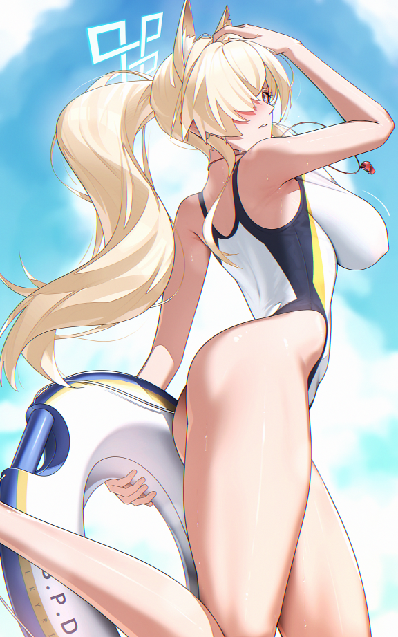 tamamoice, kanna (blue archive), kanna (swimsuit) (blue archive), blue archive, 1girl, animal ears, ass, bare shoulders, blonde hair, blue eyes, blue sky, breasts, dog ears, extra ears, hair over one eye, halo, highleg, highleg one-piece swimsuit, innertube, large breasts, long hair, looking at viewer, looking back, one-piece swimsuit, ponytail, sidelocks, sky, solo, swim ring, swimsuit, thighs, white one-piece swimsuit