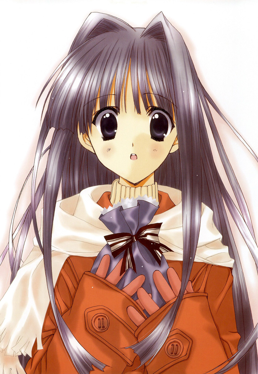 nanase aoi, kirashima marino, angel/dust neo, angel dust neo, angel flavor, artbook, highres, 1girl, blush, female focus, gift, gloves, holding, holding gift, long hair, scarf, solo
