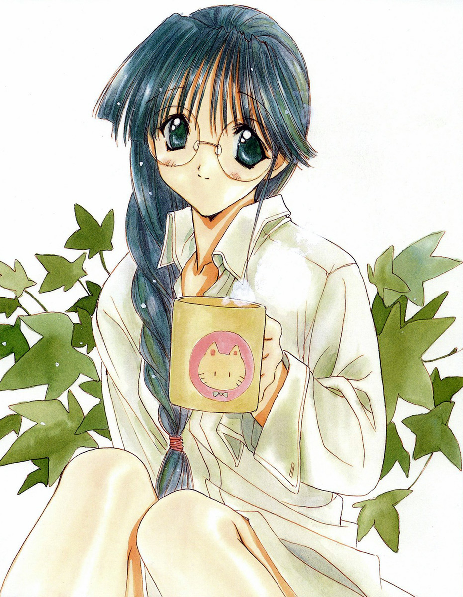 nanase aoi, angel dust, hatori yuina, kurimoto yukina, angel/dust, angel flavor, seraphim call, artbook, highres, 1990s (style), 1girl, blush, braid, cat, cup, female focus, glasses, hair over shoulder, leaf, retro artstyle, round eyewear, solo