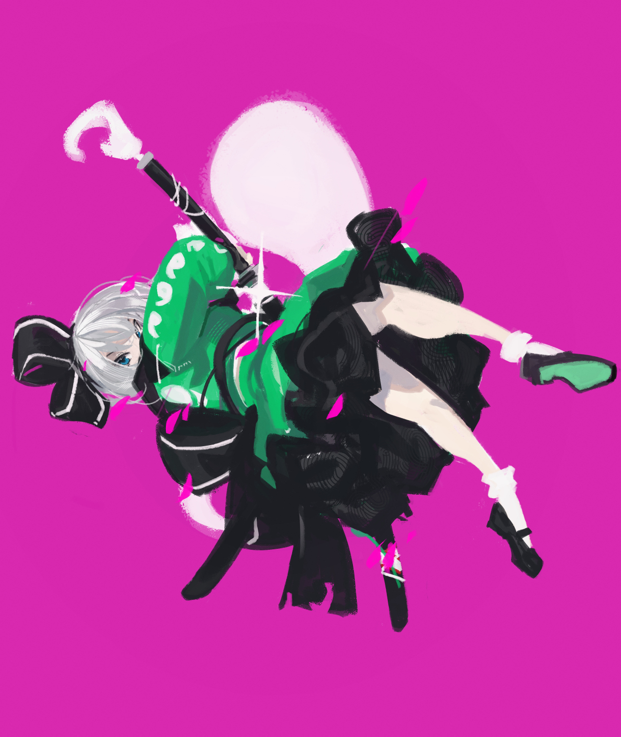 zanamaoria, konpaku youmu, touhou, highres, 1girl, black hairband, black shoes, blue eyes, glint, grey hair, hair ribbon, hairband, katana, ribbon, scabbard, sheath, shoes, short hair, sideways, skirt, socks, solo, sword, weapon, white hair, white socks
