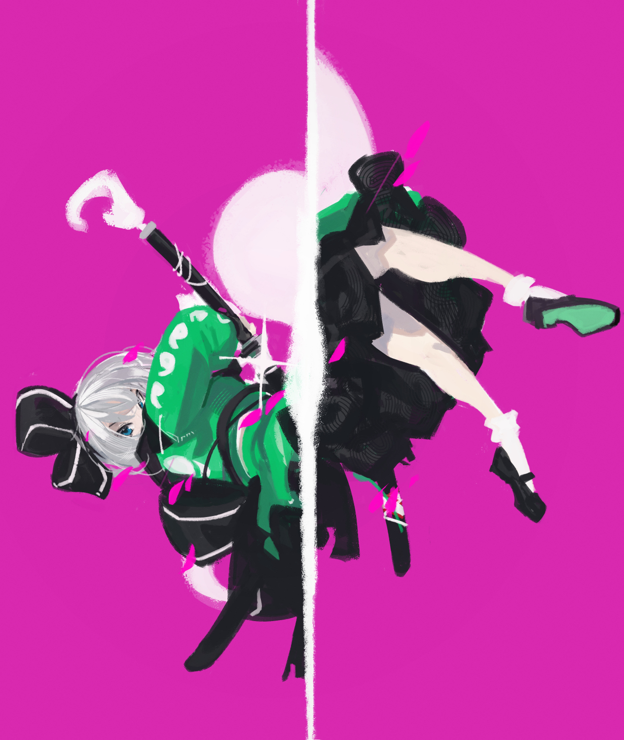 zanamaoria, konpaku youmu, touhou, highres, 1girl, black hairband, black shoes, blue eyes, glint, grey hair, hair ribbon, hairband, katana, ribbon, scabbard, sheath, shoes, short hair, sideways, skirt, socks, solo, split theme, sword, weapon, white hair, white socks