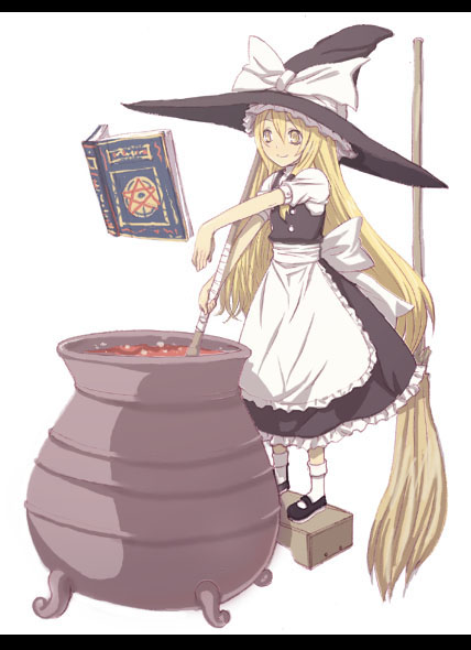 fujii toshiaki, kirisame marisa, touhou, pot, 1girl, apron, blonde hair, book, bow, broom, cauldron, cooking, female focus, frills, full body, hat, letterboxed, long hair, mary janes, oversized object, shoes, simple background, solo, witch hat