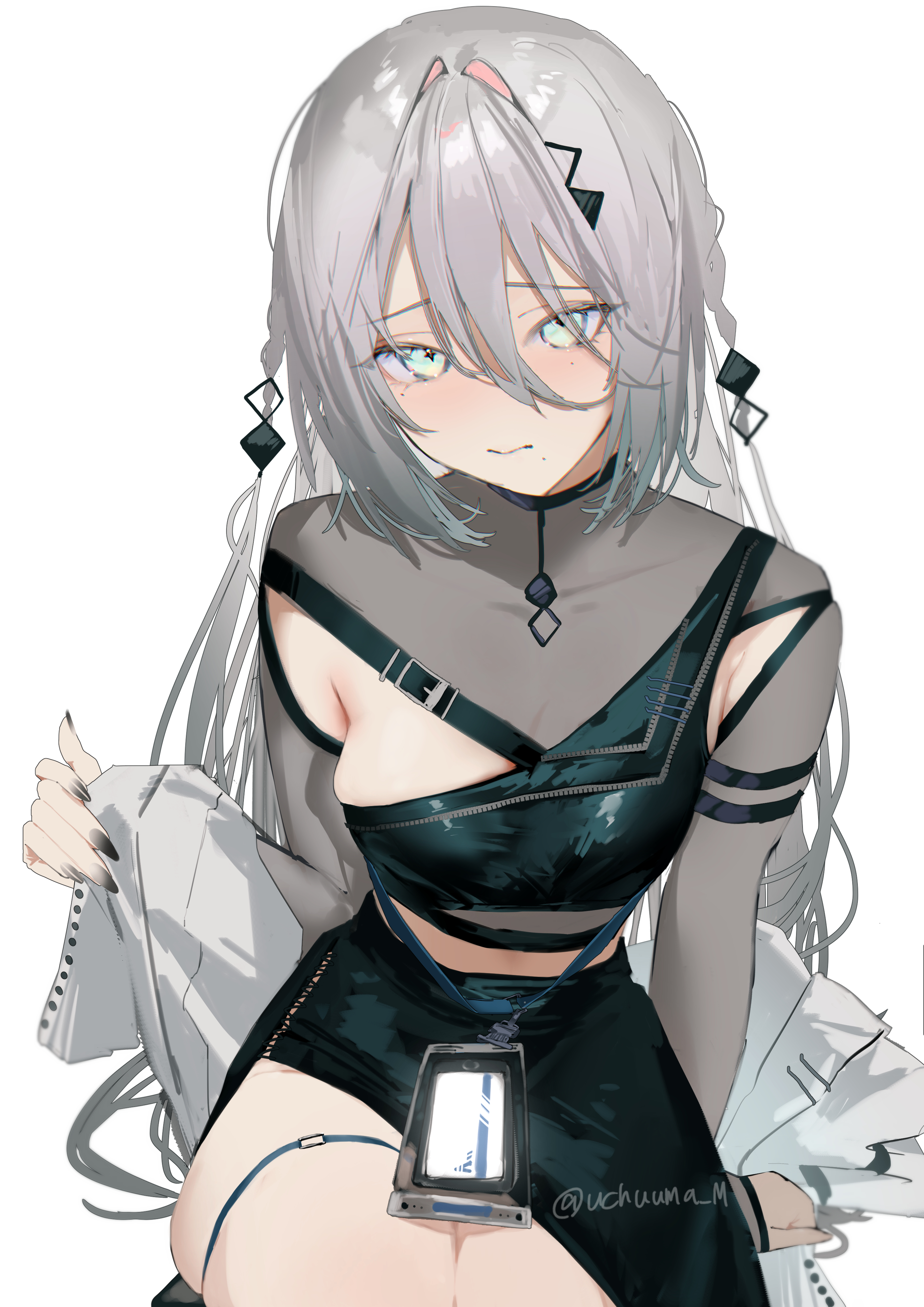 uchuneko m, sophia valentine, sophia valentine (1st costume), nijisanji, absurdres, highres, 1girl, braid, breasts, grey eyes, grey hair, hair between eyes, long hair, long sleeves, medium breasts, mole, mole under eye, mole under mouth, nail polish, sitting, skirt, solo, star-shaped pupils, star (symbol), symbol-shaped pupils, thighs, virtual youtuber