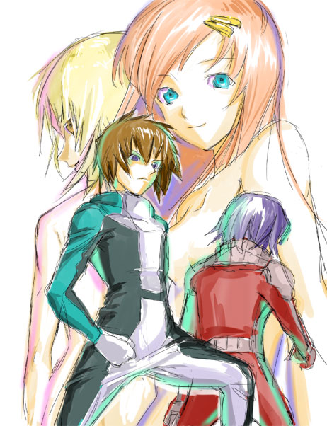 satou tomohiro, athrun zala, cagalli yula athha, kira yamato, lacus clyne, gundam, gundam seed, looking away, 00s, 2boys, 2girls, aqua eyes, blonde hair, brother and sister, brown hair, hair ornament, hairclip, hall (nobrand canvas), long hair, looking at viewer, looking back, multiple boys, multiple girls, nude, pink hair, profile, purple hair, short hair, siblings, sketch, smile
