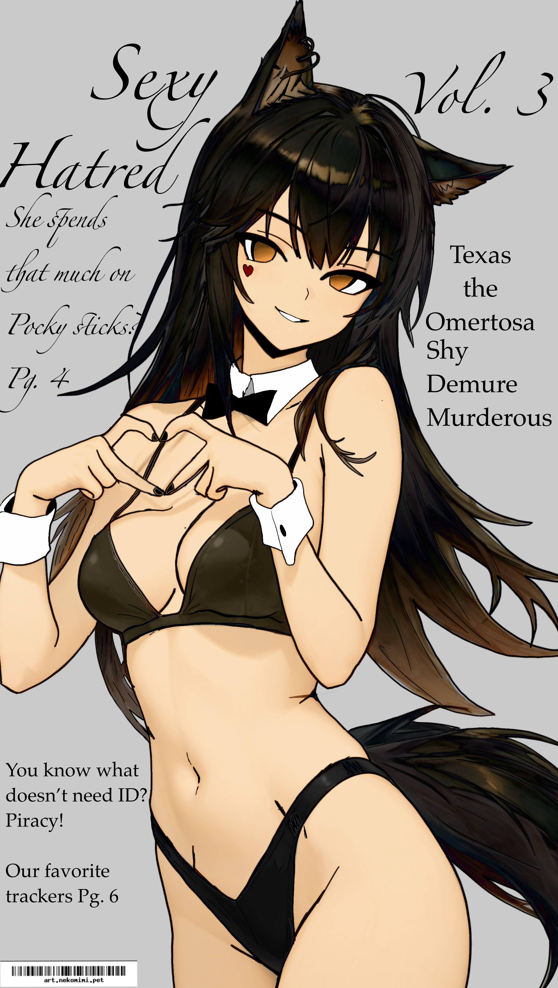 waveringana, texas (arknights), texas the omertosa (arknights), arknights, absurdres, highres, 1girl, bra, breasts, cleavage, cover, english text, heart, heart hands, long hair, looking at viewer, magazine cover, navel, open mouth, orange eyes, simple background, smile, solo, underwear