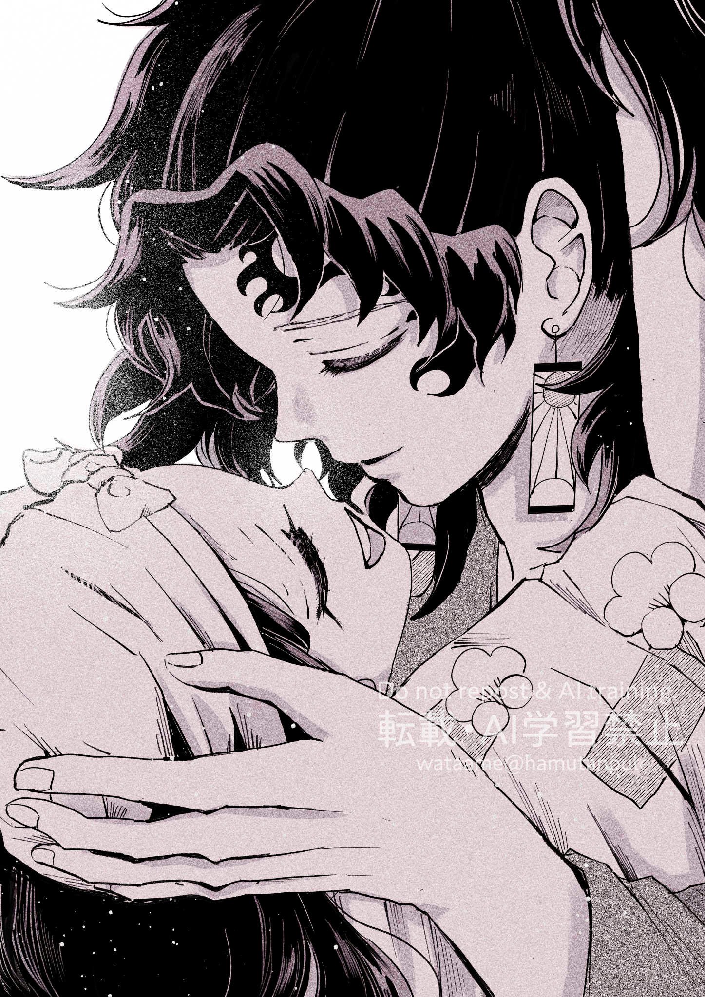 tamayo (kimetsu no yaiba), tsugikuni yoriichi, kimetsu no yaiba, highres, 1boy, 1girl, closed eyes, closed mouth, english text, facial tattoo, facing another, grabbing another's head, hamutanpule, head back, high ponytail, japanese clothes, kimono, long hair, monochrome, open mouth, ponytail, simple background, smile, tattoo, teeth, upper body, upper teeth only, watermark, white background