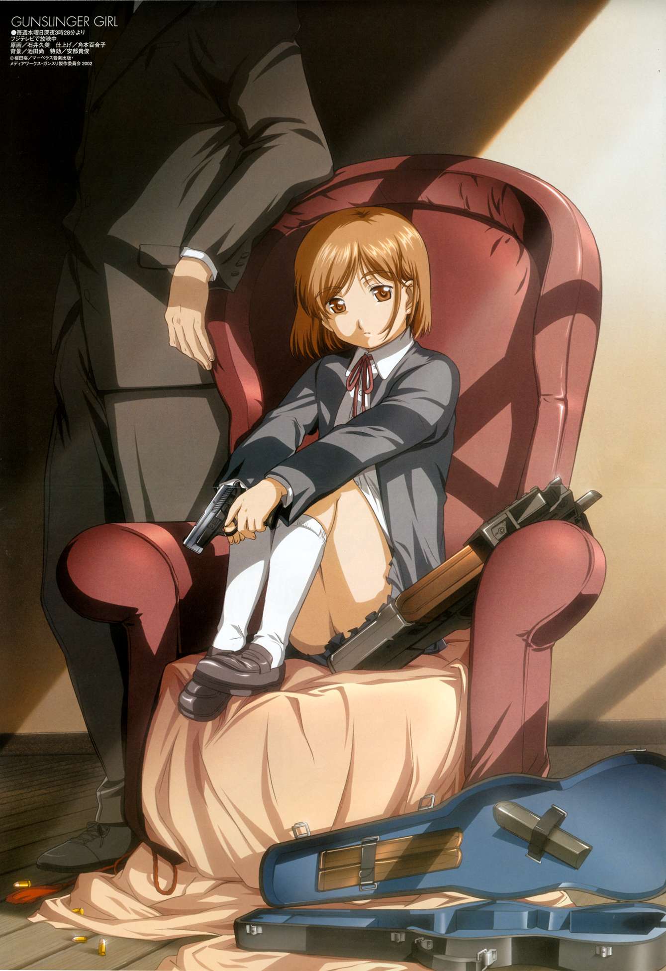 ishii kumi, henrietta (gunslinger girl), gunslinger girl, sig sauer, highres, 00s, 1boy, 1girl, bob cut, brown eyes, brown hair, bullpup, gun, handgun, horizontal magazine, instrument case, magazine (weapon), p90, personal defense weapon, pistol, see-through clothes, socks, solo focus, submachine gun, translucent, weapon