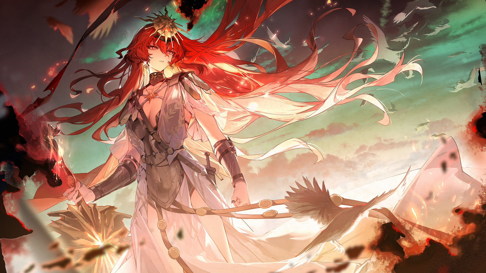 dadijiji, augusta (wuthering waves), wuthering waves, commentary, hashtag-only commentary, highres, 1girl, ancient greek clothes, arm armor, armor, bird, black collar, breastplate, breasts, clenched hand, closed mouth, collar, dress, earrings, greatsword, greco-roman clothes, hair between eyes, headgear, holding, holding sword, holding weapon, jewelry, long hair, medium breasts, orange hair, red eyes, sheath, solo, sun earrings, sun necklace, sword, very long hair, weapon, white dress