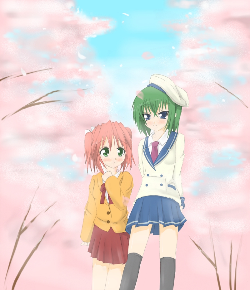 kuro inu, kuroinu (sonoba shinogi), iwasaki minami, kobayakawa yutaka, lucky star, black legwear, 00s, 2girls, blue eyes, blue skirt, bow, bowtie, cherry blossoms, day, green eyes, green hair, long sleeves, looking at viewer, multiple girls, outdoors, pleated skirt, red bow, red bowtie, red skirt, sailor collar, school uniform, serafuku, short hair, skirt, standing, thighhighs, zettai ryouiki