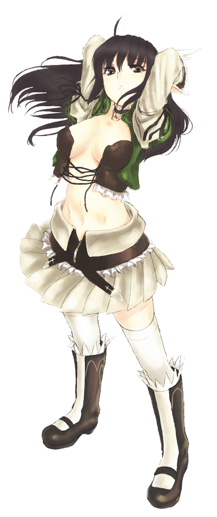 kirisato itsuki, xecty ein, sega, shining (series), shining tears, shining wind, long image, tall image, 1girl, black hair, boots, breasts, brown eyes, cleavage, elf, female focus, head wings, knee boots, long hair, open clothes, open shirt, pointy ears, shirt, solo, thighhighs, undressing, wings, zettai ryouiki