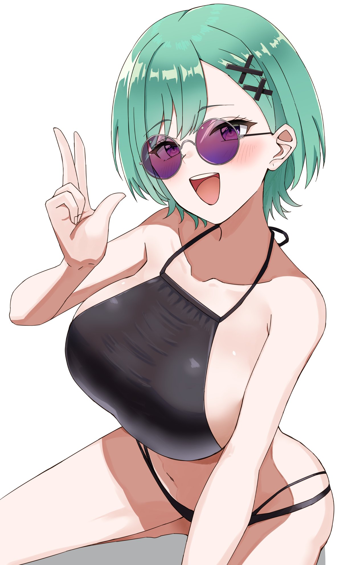 keikesu, yakumo beni, vspo!, highres, 1girl, bikini, black bikini, breasts, green hair, hair behind ear, hair ornament, large breasts, open mouth, purple eyes, round eyewear, short hair, sitting, solo, sunglasses, swept bangs, swimsuit, v, virtual youtuber, white background, x hair ornament