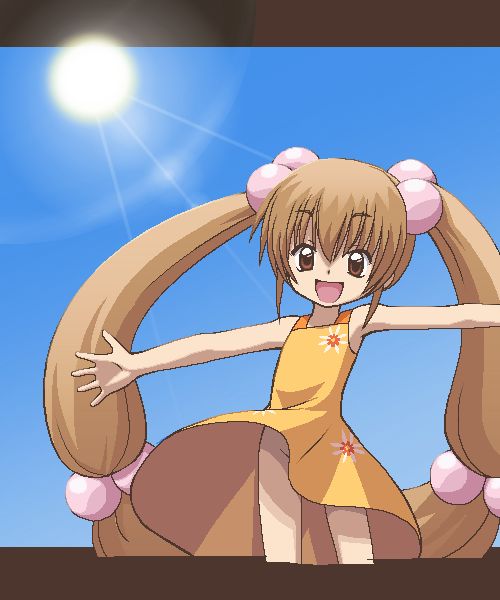 awa, kokonoe rin, kodomo no jikan, 00s, 1girl, brown eyes, brown hair, cowboy shot, day, dress, female focus, hair bobbles, hair ornament, jaggy lines, letterboxed, loli, long hair, no panties, oekaki, open mouth, sky, solo