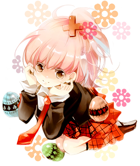 shimeko, hinamori amu, shugo chara!, bad id, bad pixiv id, 1girl, black socks, blush, brown eyes, cross hair ornament, egg, female focus, hair ornament, hairpin, kneehighs, kneeling, loafers, long hair, long sleeves, necktie, pink hair, plaid clothes, plaid skirt, pleated skirt, red necktie, red skirt, shimeshime, shoe soles, shoes, skirt, smile, socks, solo