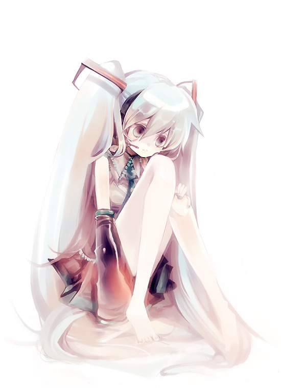 shimeko, hatsune miku, vocaloid, bad id, bad pixiv id, barefoot, headset, long hair, microphone, shimeshime, very long hair