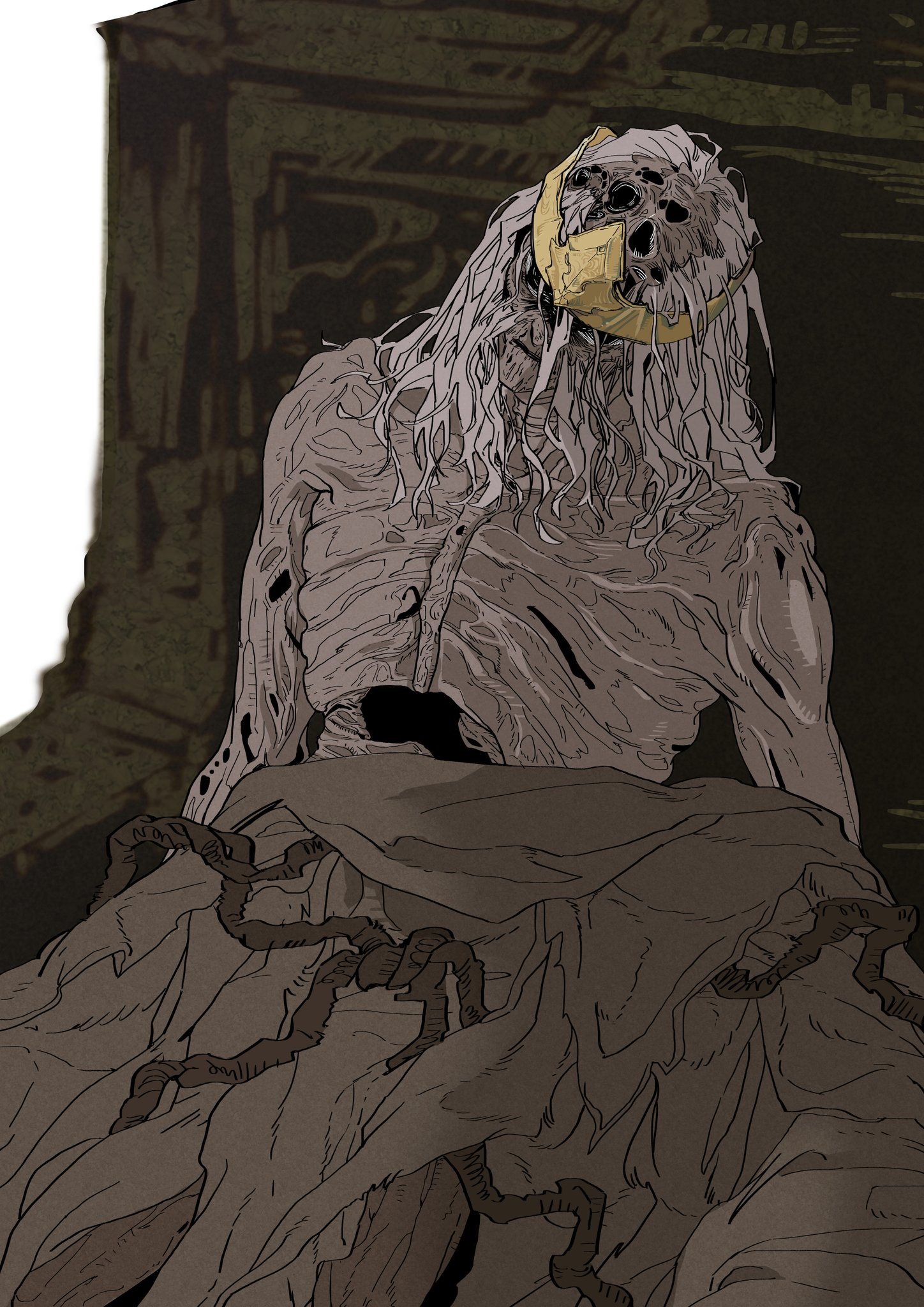 eeeeerosion, godfrey first elden lord, elden ring, commentary, highres, 1boy, balding, beard, corpse, crown, death, decay, emaciated, facial hair, gold crown, hollow eyes, long beard, long hair, pale skin, sitting, sitting on throne, throne, topless male, white beard, white hair