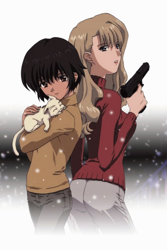 mireille bouquet, prince myshkin, yuumura kirika, noir (anime), 00s, 2girls, ass, black background, blonde hair, blue eyes, bob cut, breasts, brown eyes, brown hair, cat, female focus, gradient background, grey background, gun, handgun, long hair, multiple girls, pants, pistol, short hair, snow, standing, sweater, turtleneck, weapon, white background