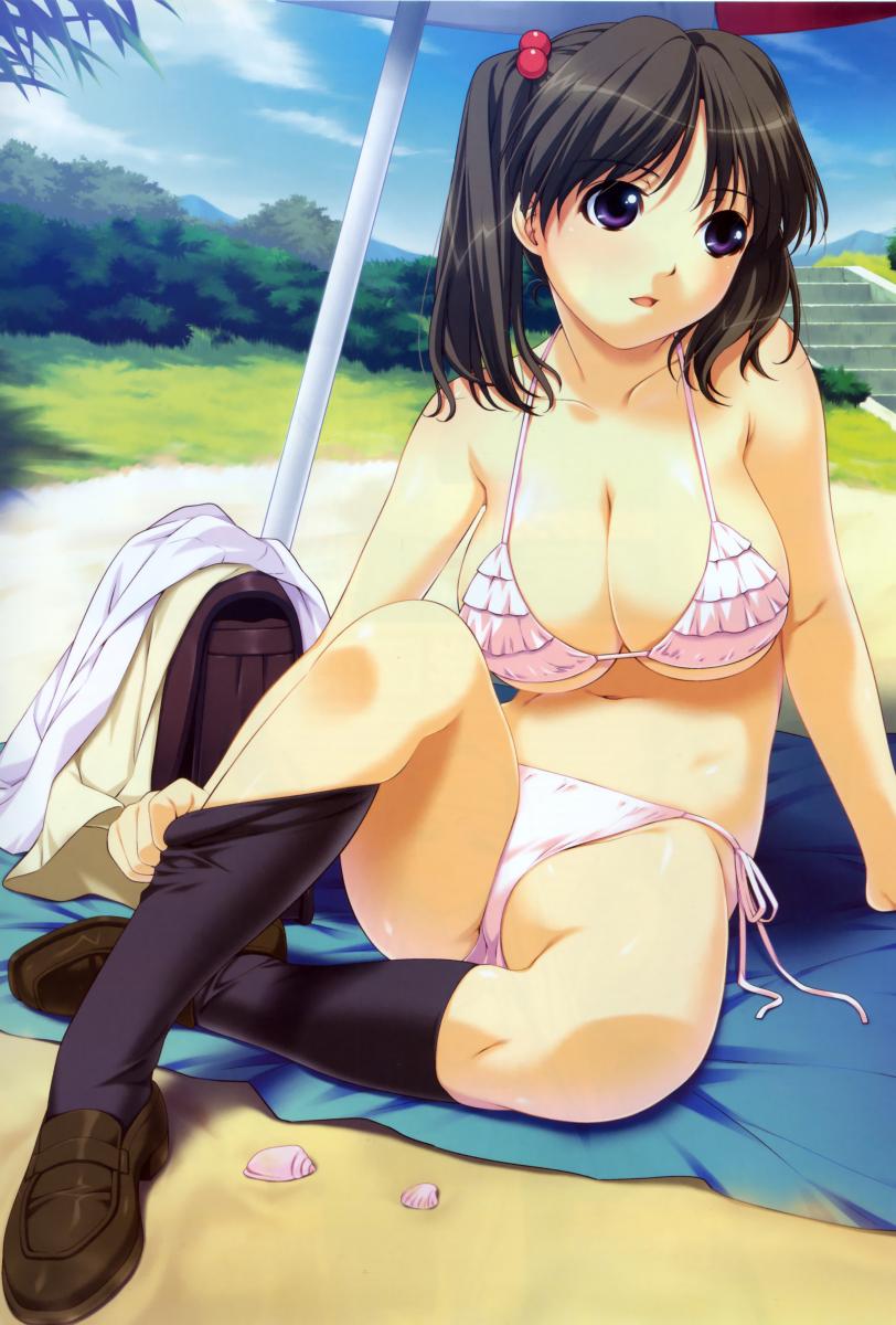ino (magloid), serizawa madoka, kimihagu, duplicate, highres, 00s, 1girl, arm support, bag, beach, bikini, black hair, breasts, cleavage, day, female focus, frilled bikini, frills, hair bobbles, hair ornament, kneehighs, large breasts, loafers, parasol, pink bikini, purple eyes, seashell, shell, shoes, side-tie bikini bottom, sideboob, sock pull, socks, solo, swimsuit, twintails, umbrella, underboob