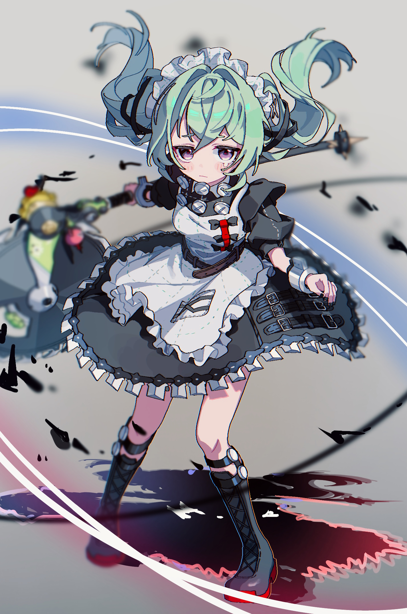 poka1030, corin wickes, zenless zone zero, commentary request, highres, partial commentary, 1girl, apron, black boots, black dress, boots, breasts, circular saw, cuffs, dress, full body, green hair, grey background, hair between eyes, holding, holding weapon, knee boots, long hair, looking at viewer, maid, maid apron, maid headdress, puffy short sleeves, puffy sleeves, purple eyes, saw, screw hair ornament, short sleeves, simple background, single tear, solo, twintails, weapon, white apron