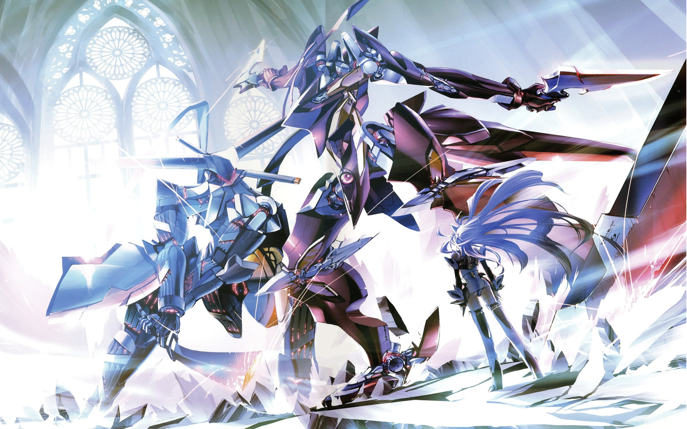 choco (chocolate shop), es judah, es ruben, kos-mos, kos-mos ver. 4, xenosaga, highres, 00s, 1girl, blue hair, long hair, mecha, robot, sword, weapon