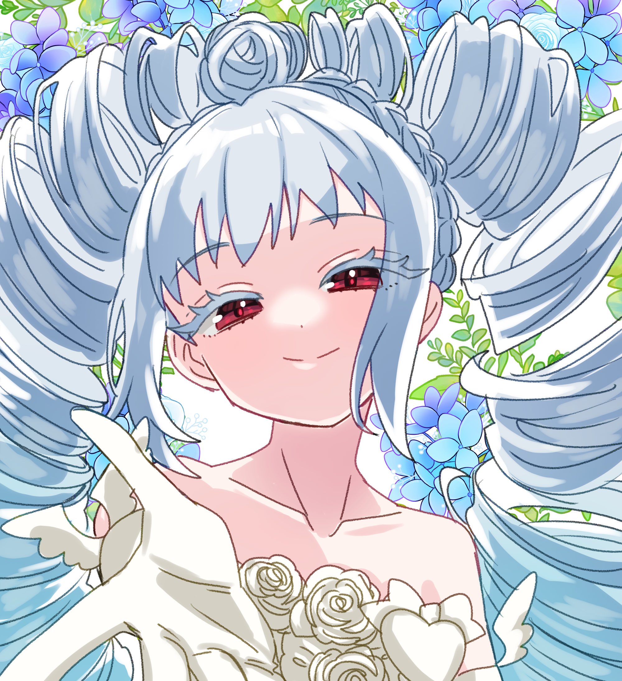 sukoyaka (100hituzi), amou june, pretty rhythm, pretty rhythm rainbow live, pretty series, commentary request, highres, 1girl, bare shoulders, blue flower, blue hair, closed mouth, drill hair, elbow gloves, floral background, flower, gloves, long hair, looking at viewer, reaching, reaching towards viewer, red eyes, rose, sidelocks, smile, solo, twin drills, twintails, upper body, white flower, white gloves, white rose